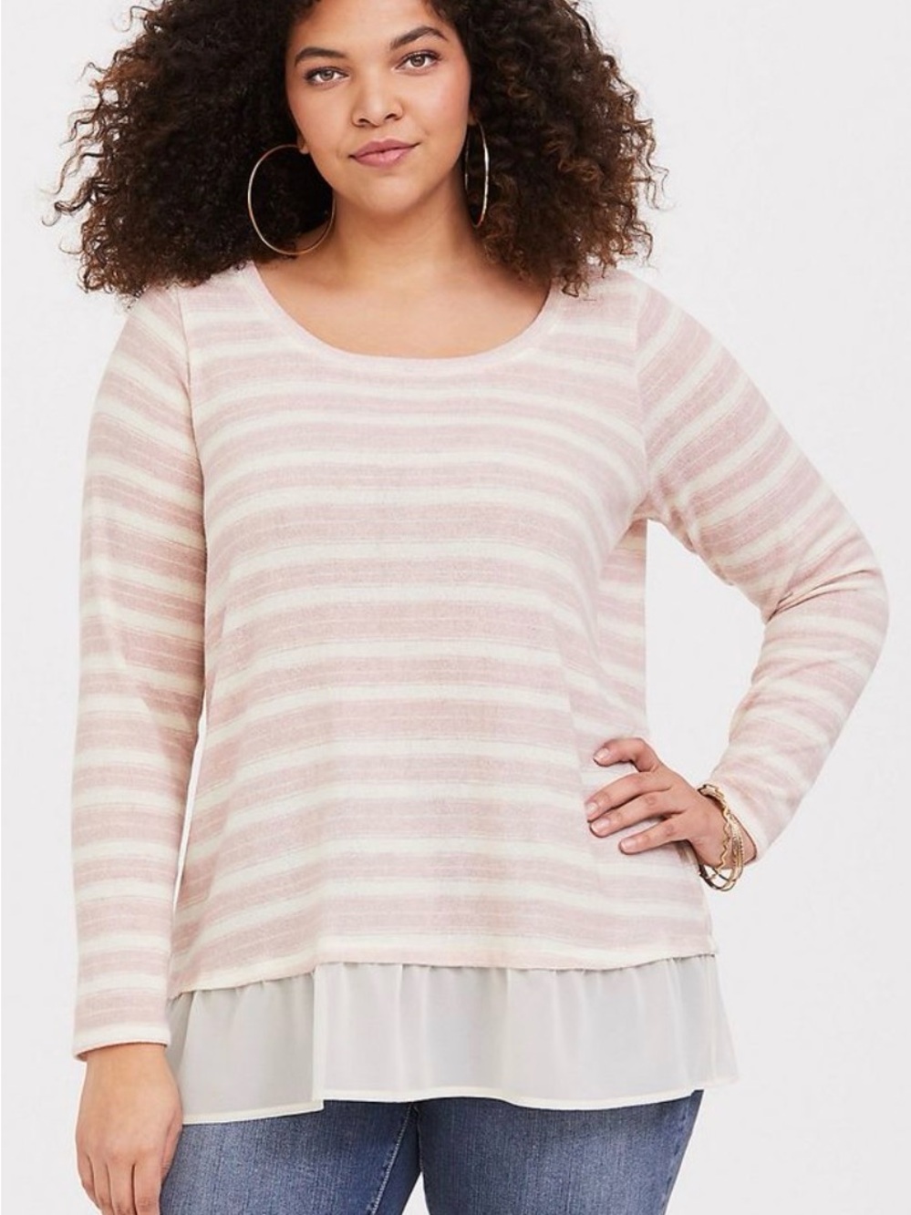 Torrid Striped Pink & Cream Long-Sleeve Layered-Hem Top